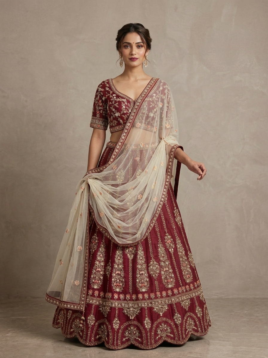 Maroon Embroidered Bridal Lehenga Choli