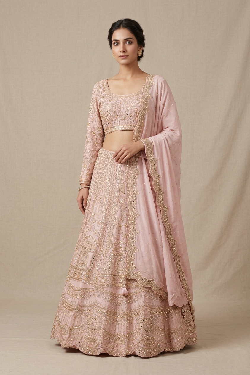Onion Pink Embroidered Lehenga Choli
