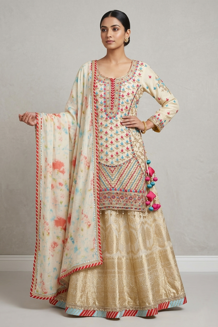 Cream & Blue Embroidered Lehenga Choli