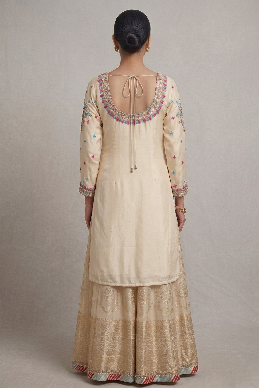 Cream & Blue Embroidered Lehenga Choli