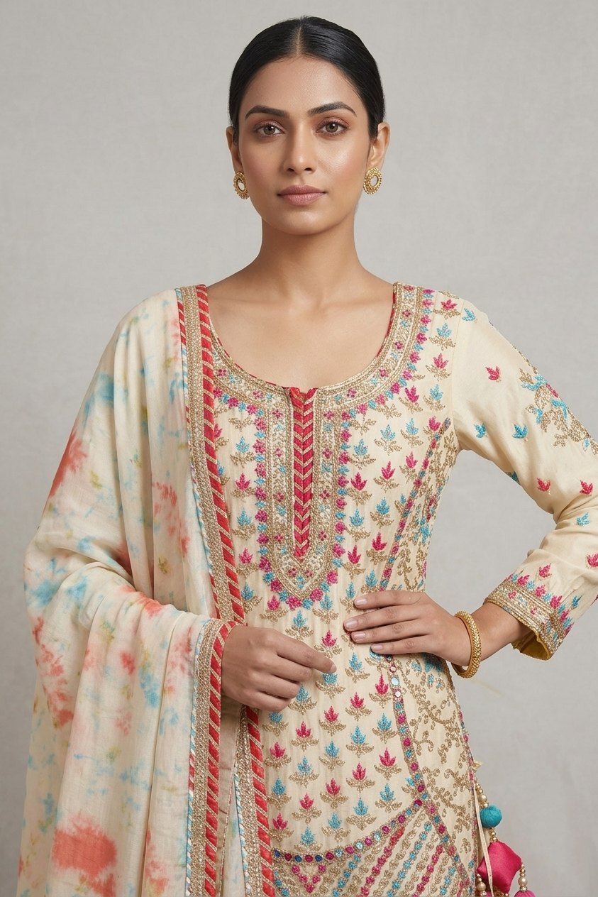 Cream & Blue Embroidered Lehenga Choli