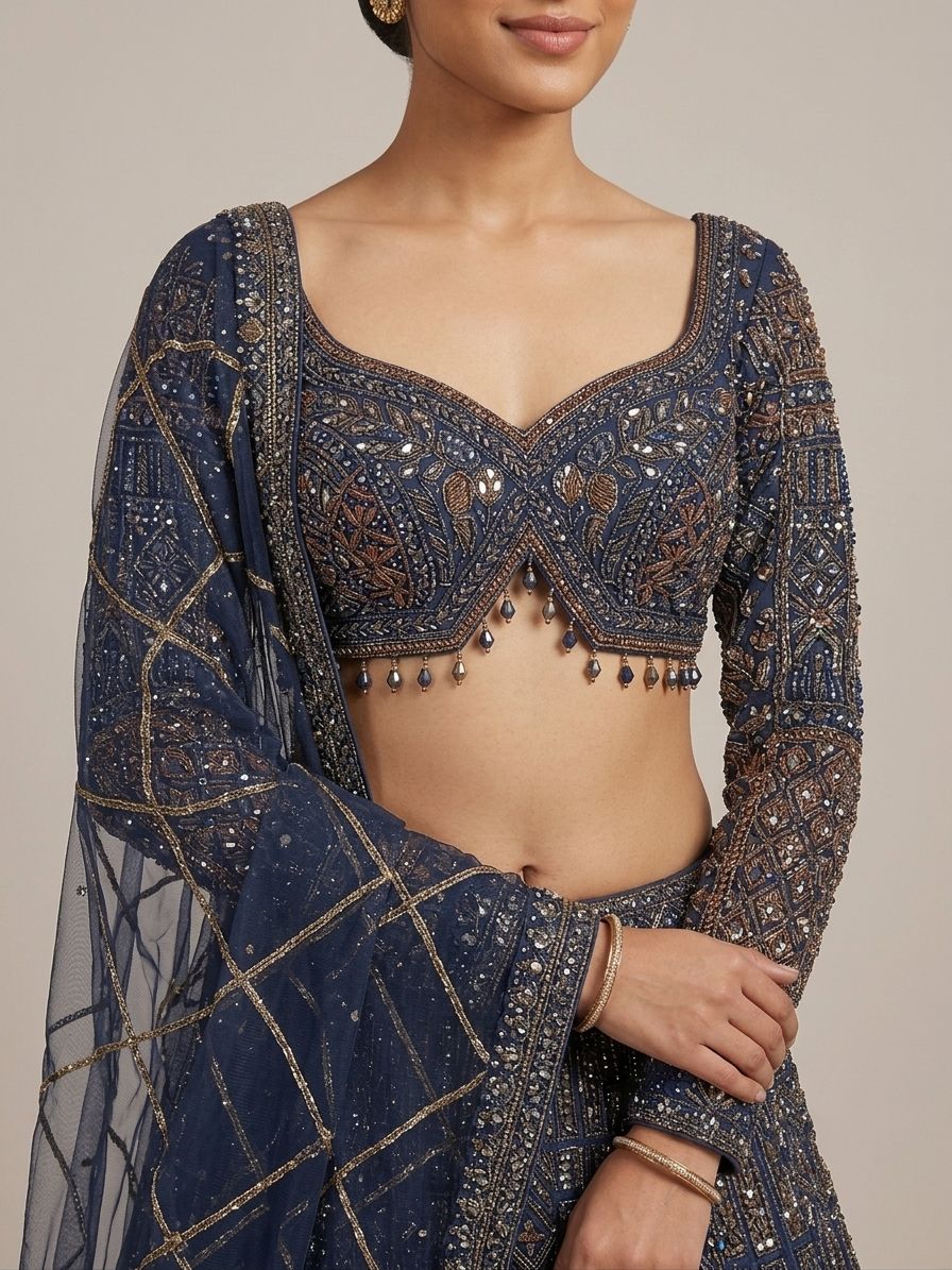 A Yashwanti London women's bridal lehenga choli in a deep navy-blue base, detailed with antique copper and gold embroidery in geometric and floral motifs accented with sequins and bead work. The fitted choli has a sweetheart neckline, full sleeves, and a deep open back fastened with a tie-up dori and beaded latkan drops. The flared A-line skirt carries dense panelled embroidery that builds into a broad ornamental hem, paired with a sheer net dupatta finished in diamond-lattice gota detailing.