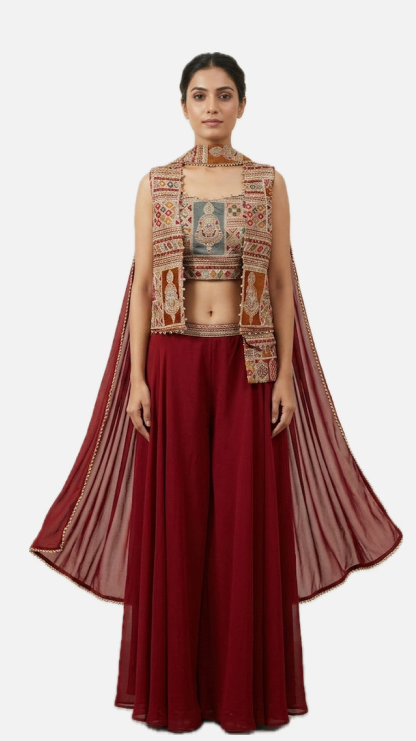Wine Embroidered Crop Top Palazzo Set – Style 260