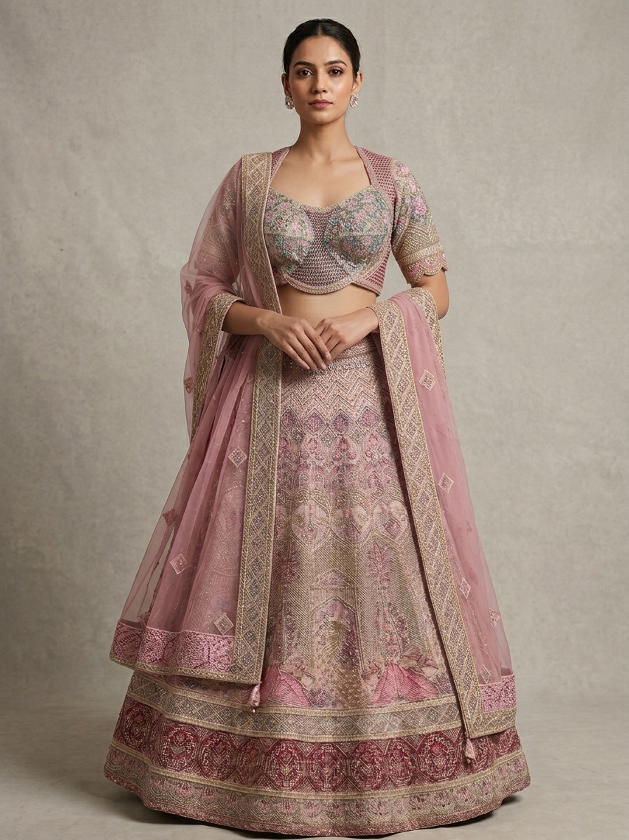 Pink Embroidered Bridal Lehenga Choli – Style 2