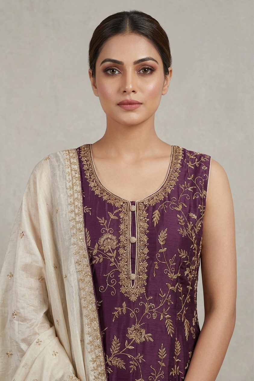 Violet Embroidered Sharara Suit Set