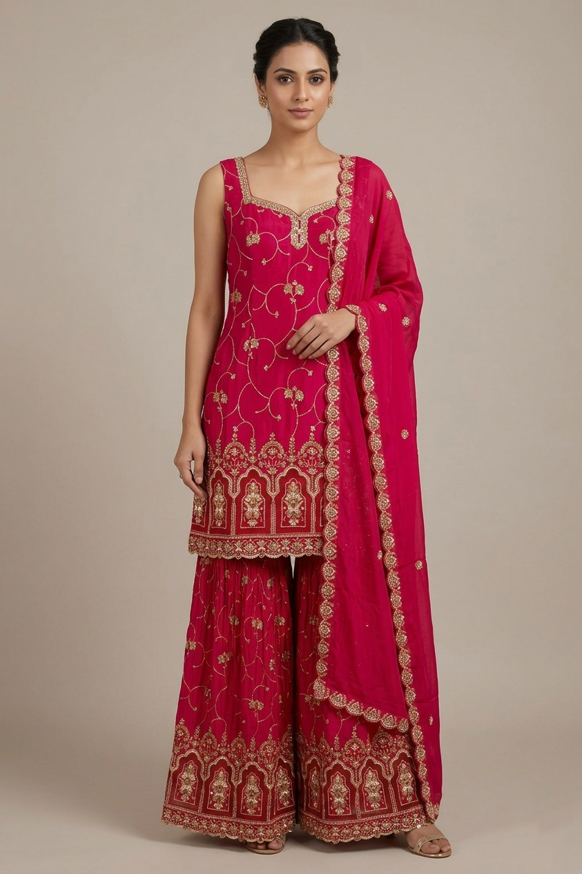Rani Pink Embroidered Sharara Suit Set