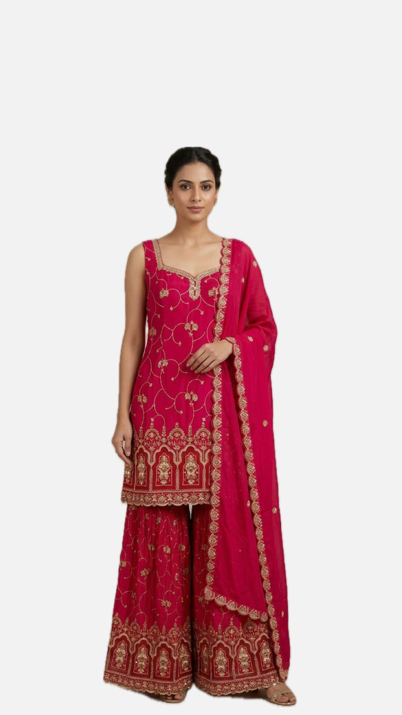 Rani Pink Embroidered Sharara Suit Set