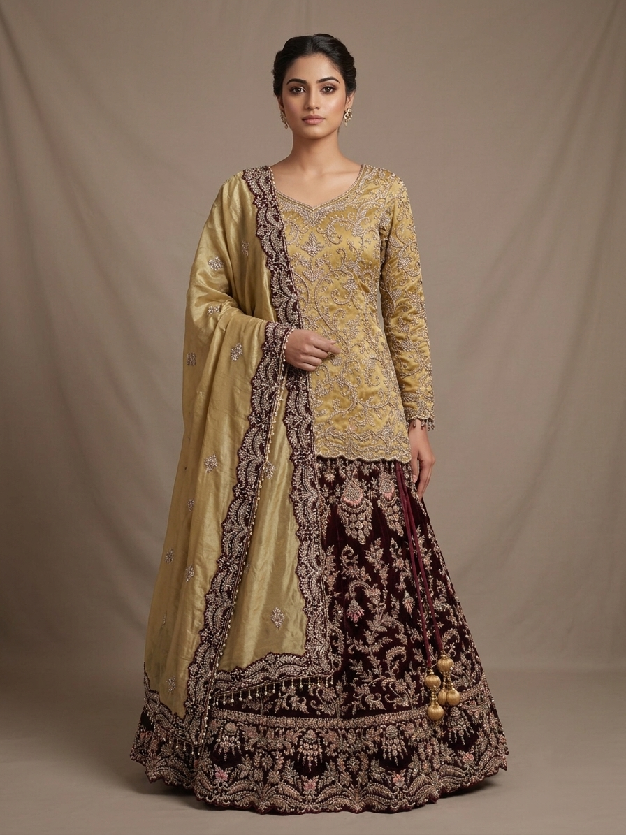 Gold & Maroon Zardozi Bridal Lehenga Choli