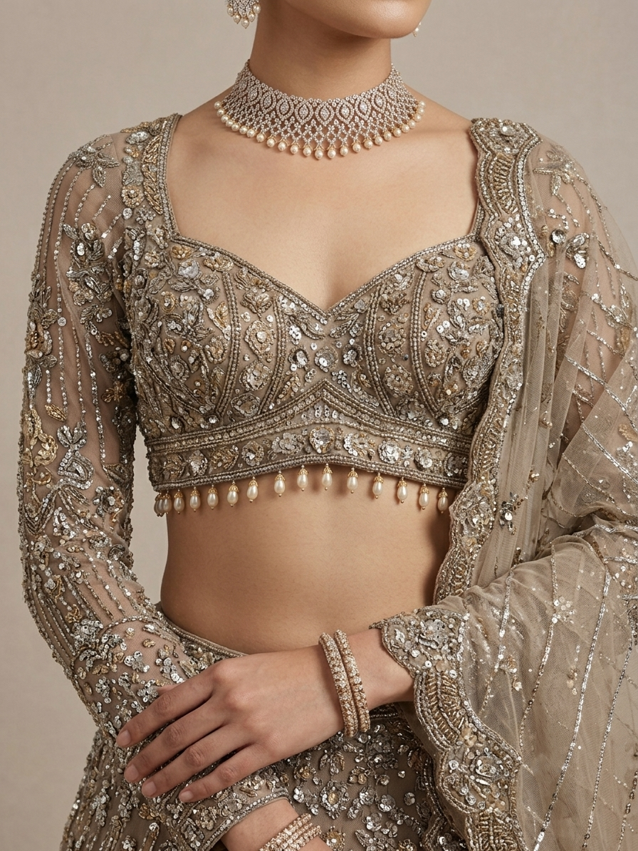 Grey Zardozi Bridal Lehenga Choli