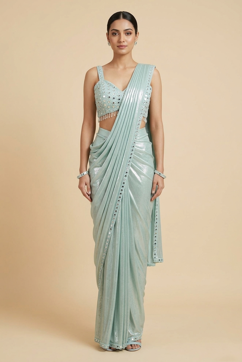 Sea Green Embroidered Readymade Saree