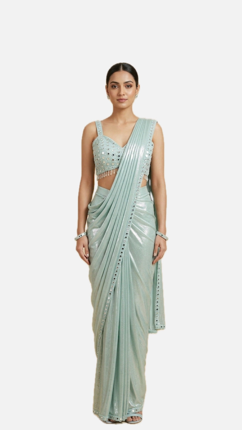 Sea Green Embroidered Readymade Saree