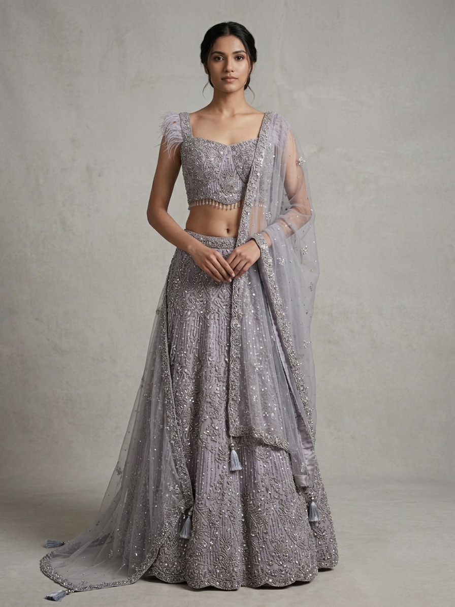 Lavender Grey Embroidered Bridal Lehenga Choli