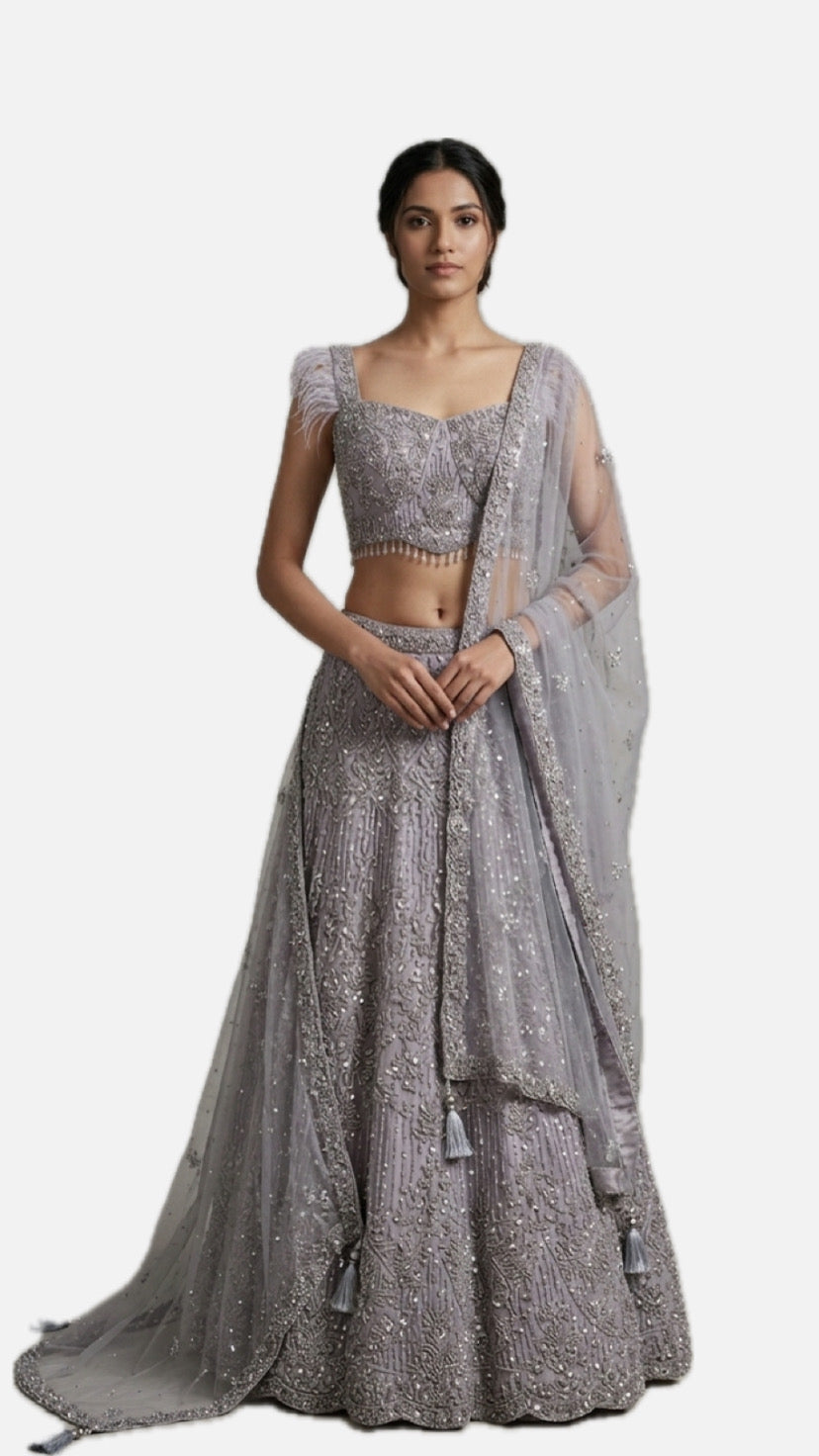 Lavender Grey Embroidered Bridal Lehenga Choli