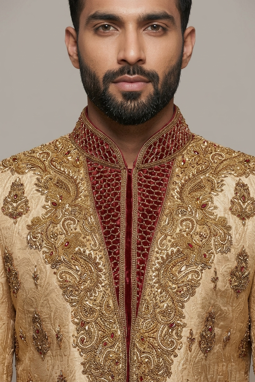 Beige Embroidered Sherwani