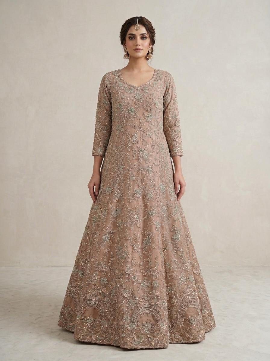 Dusty Rose Embroidered Bridal Gown