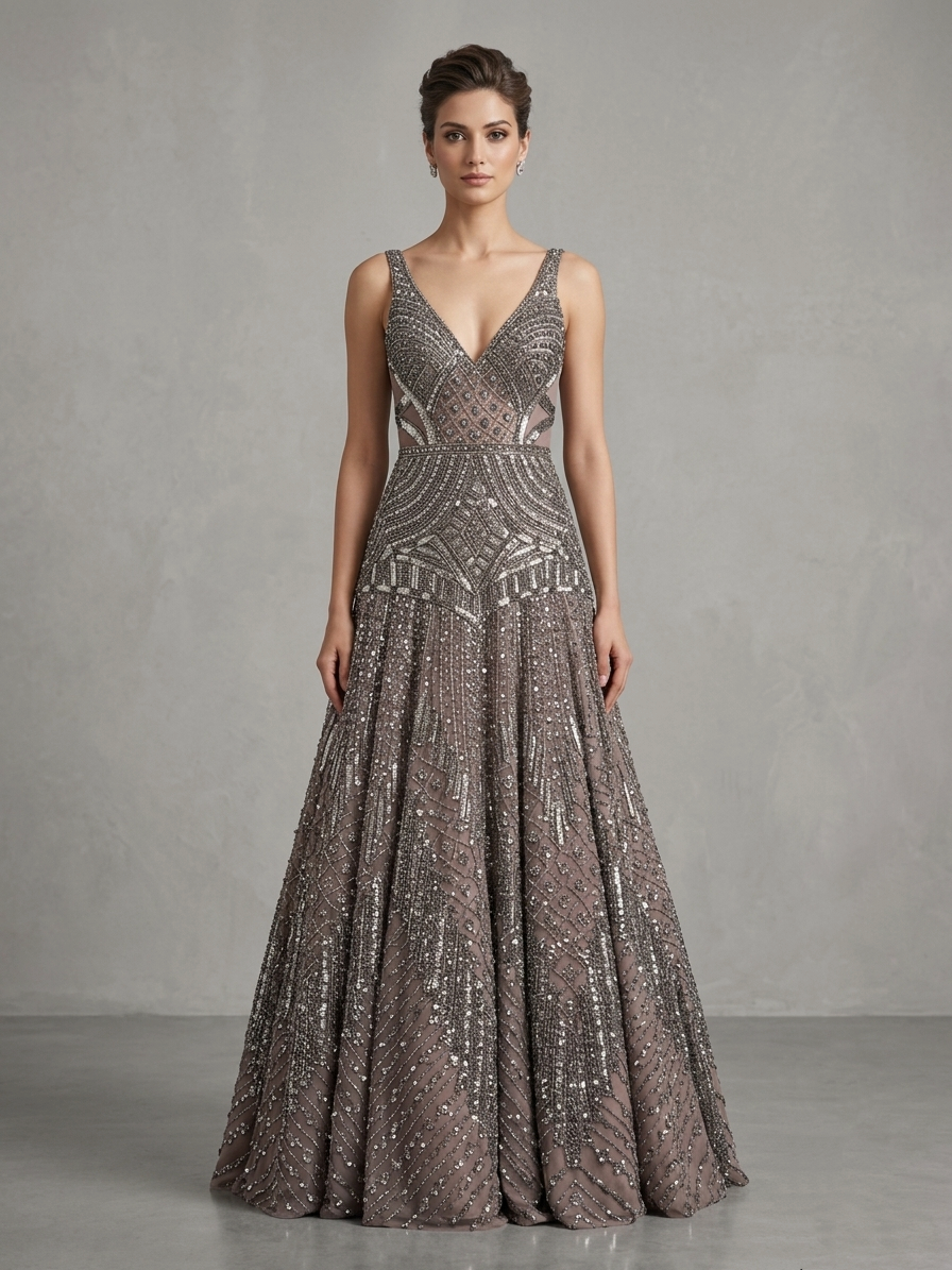 Grey Embroidered Bridal Gown
