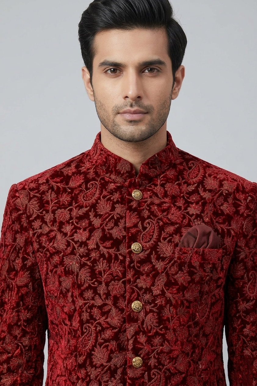 Red Embroidered Bandhgala/Prince Coat
