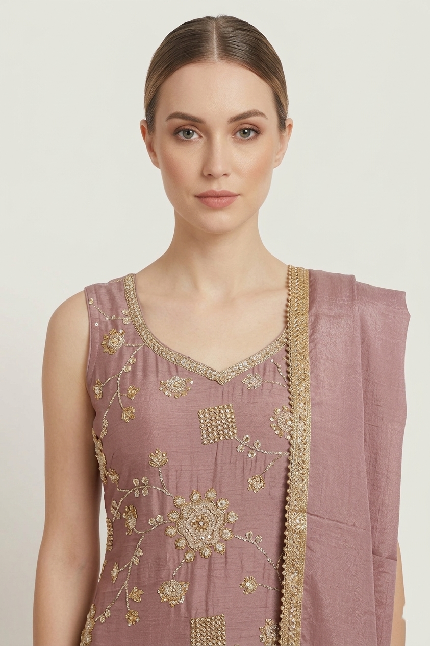 Onion Pink Embroidered Kurta Suit Set