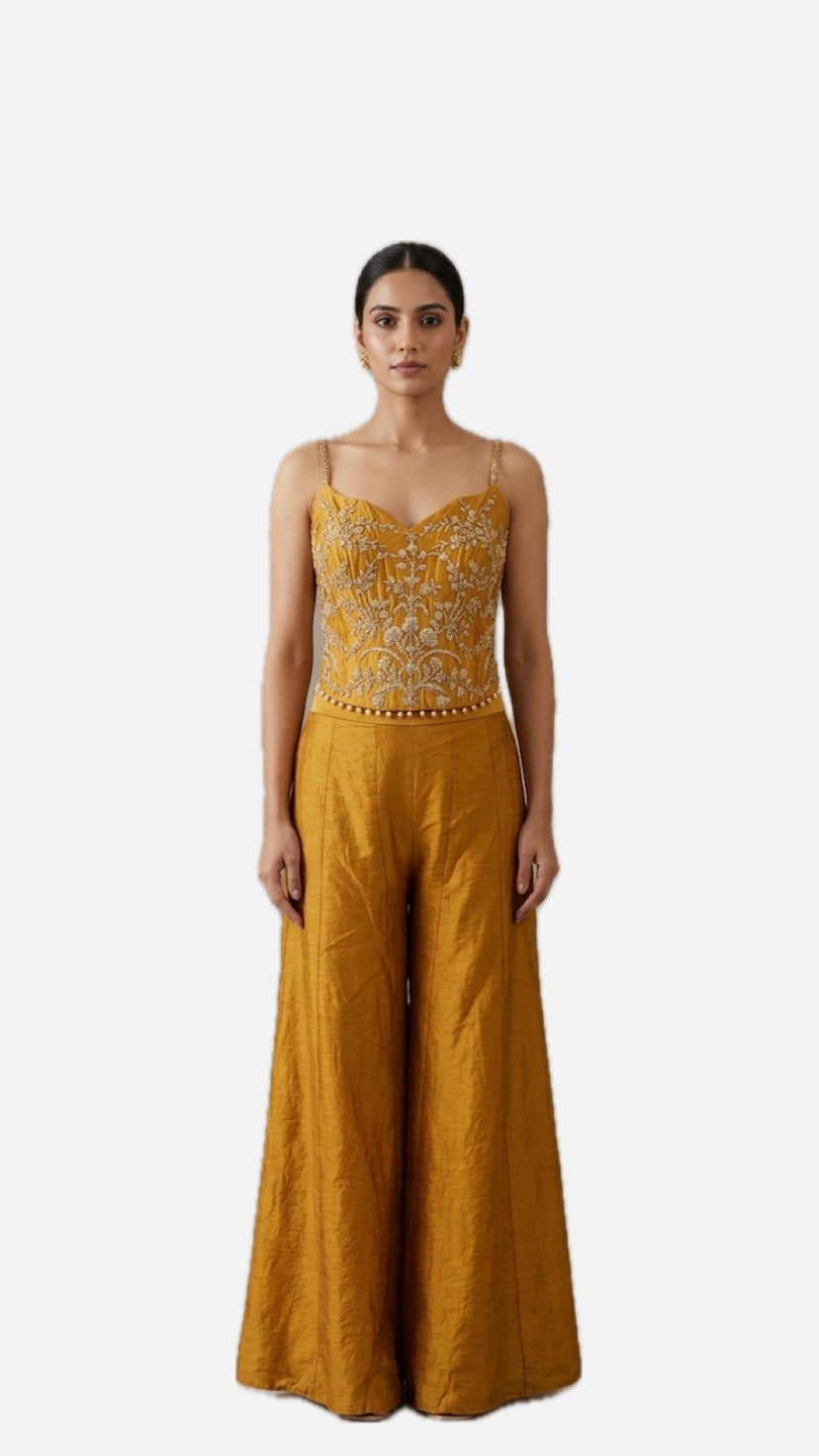 Mustard Embroidered Crop Top Palazzo Set