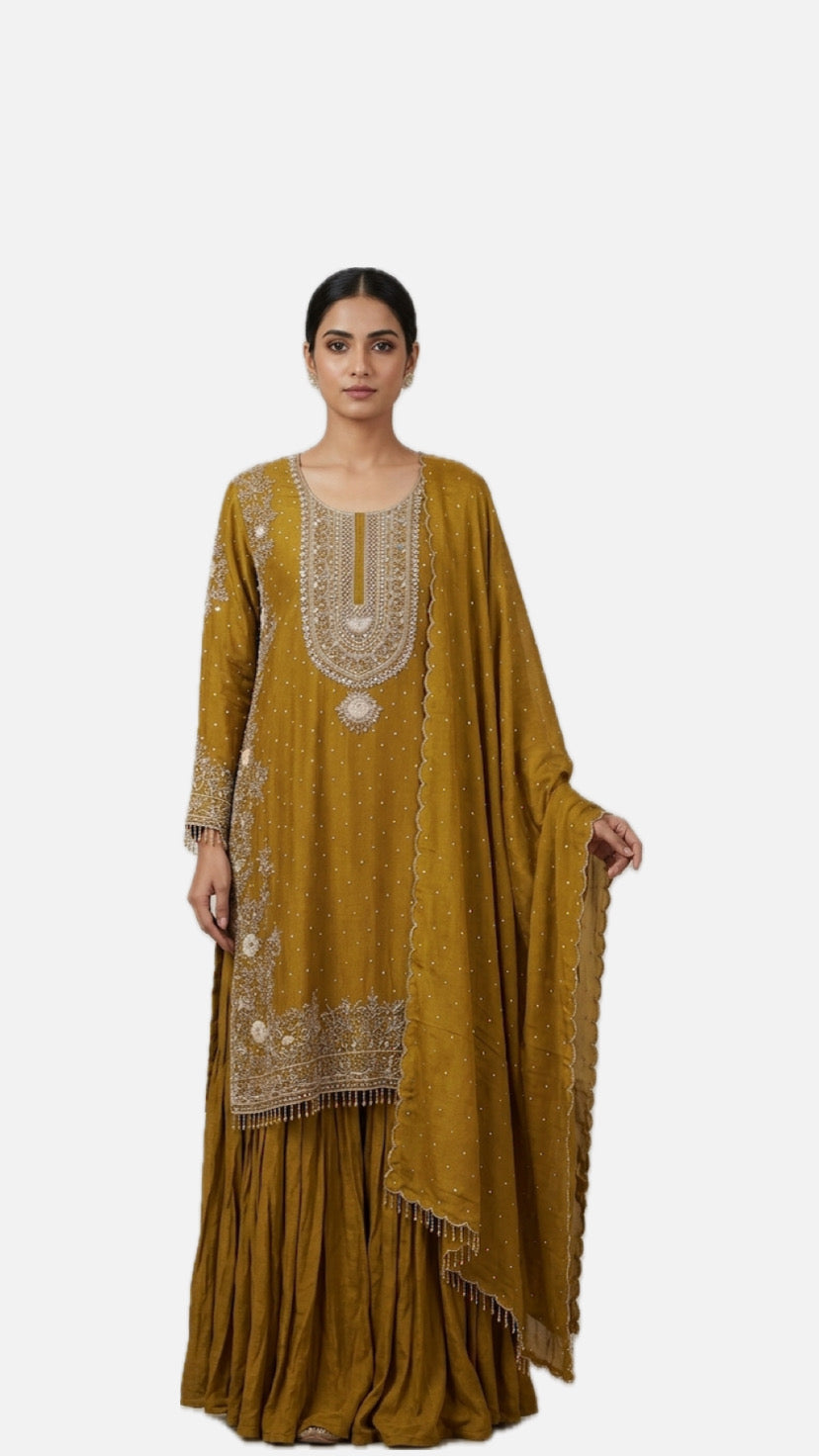 Mustard Embroidered Sharara Suit Set