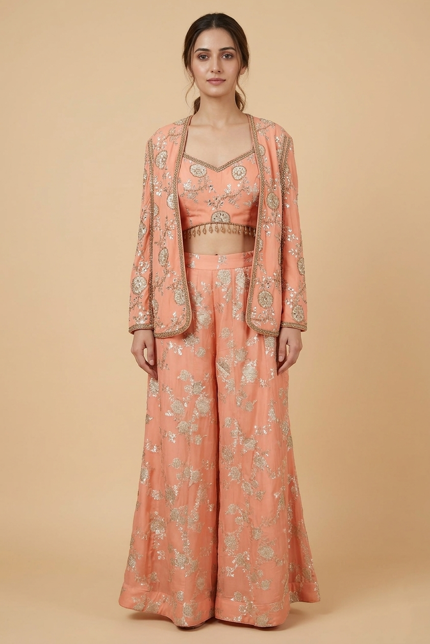 Orange Embroidered Crop Top Palazzo Set