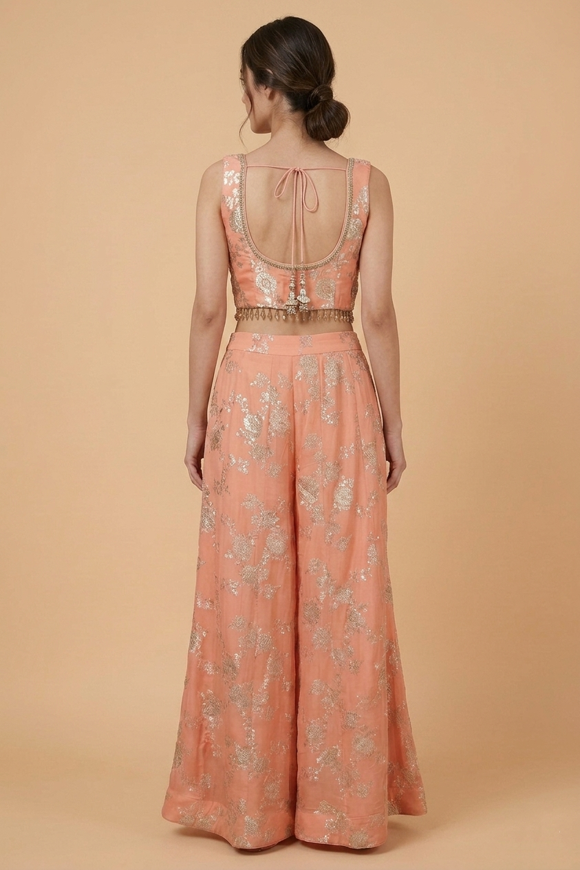 Orange Embroidered Crop Top Palazzo Set