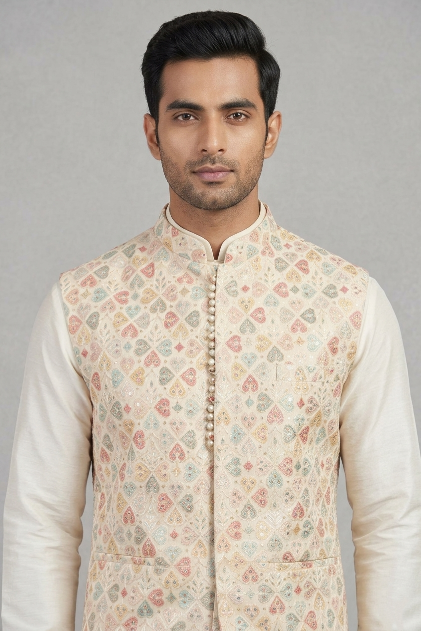 Cream Embroidered Nehru Jacket / Waistcoat