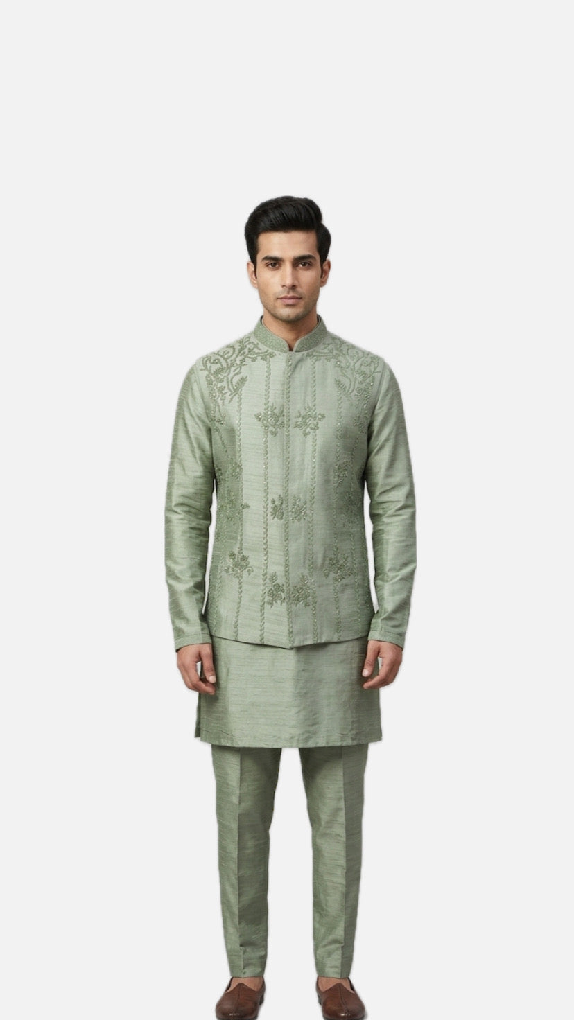 Green Embroidered Nehru Jacket / Waistcoat – Style 833