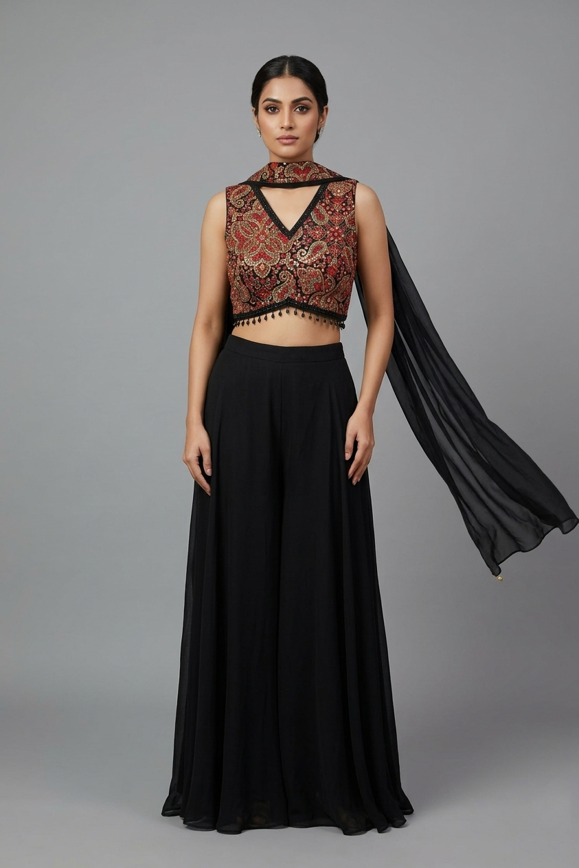 Black Embroidered Crop Top Palazzo Set