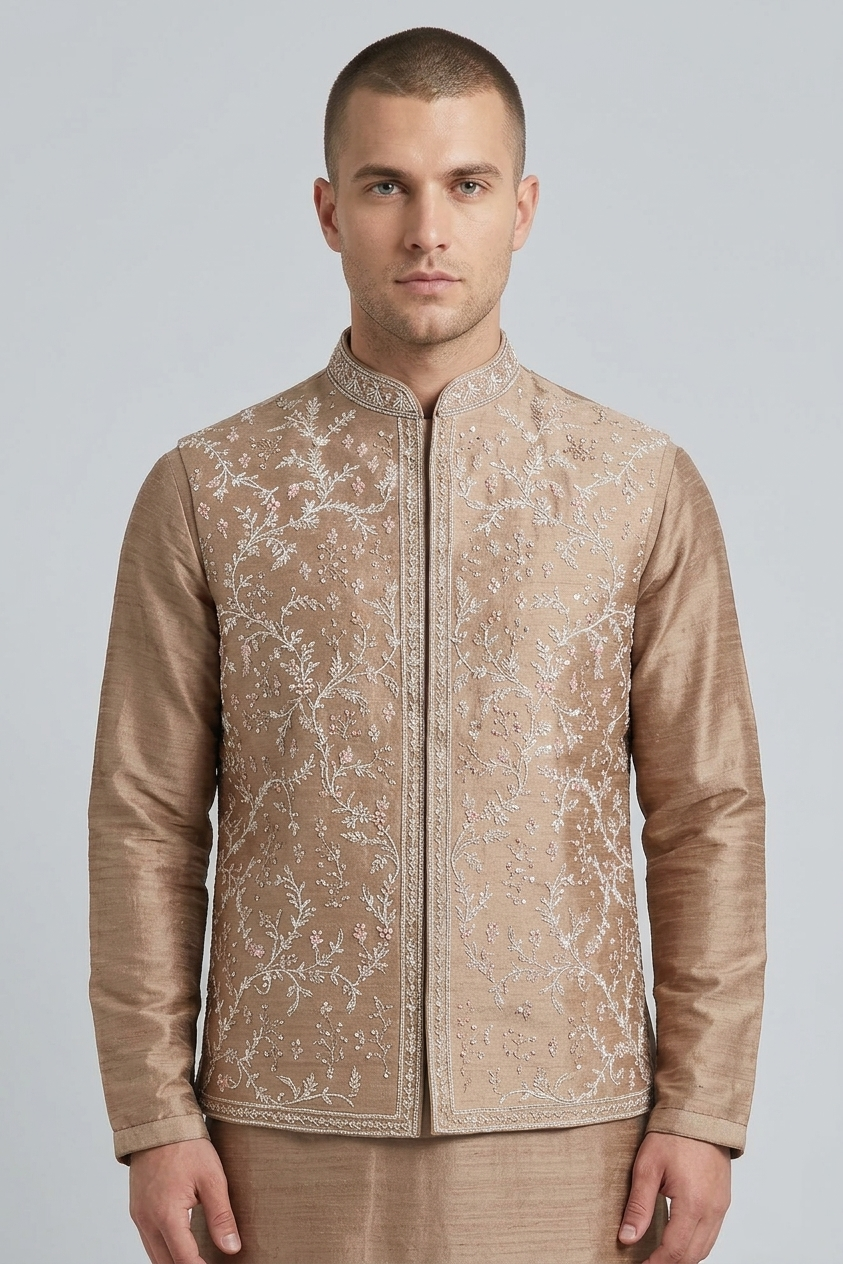 Beige Embroidered Nehru Jacket / Waistcoat