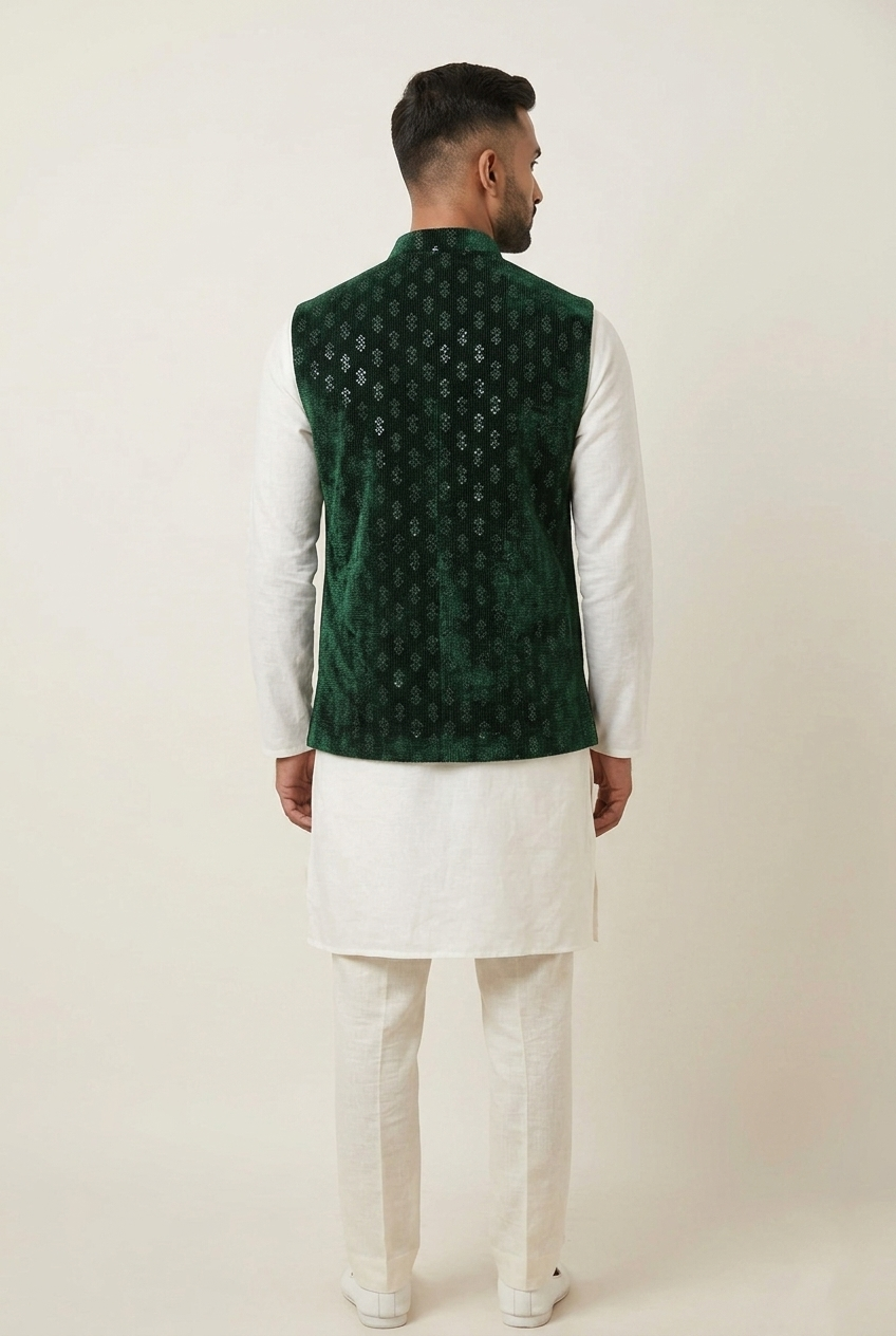 Green Embroidered Nehru Jacket / Waistcoat – Style 723