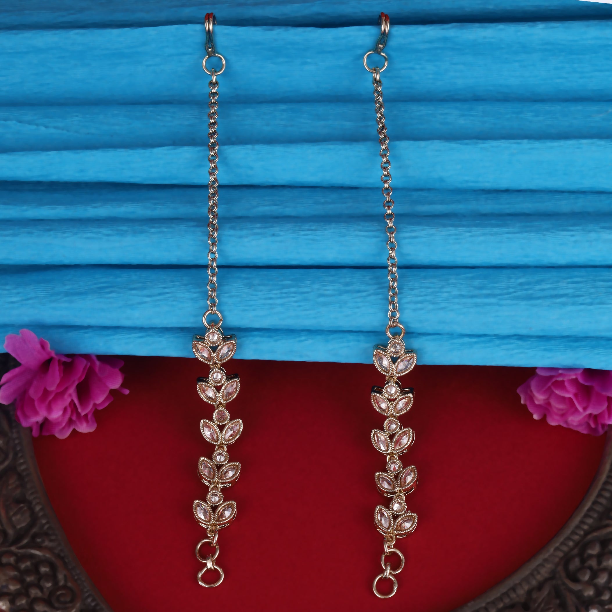 Leaf Design Long Chain Uncut Kundan Gold Plated Ear Chain / Kaanchain - Brown Ear Chain / Kaanchain by Yashwanti London