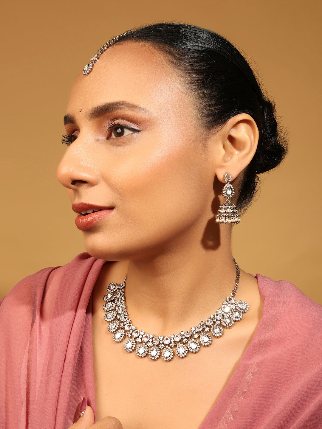 Oval Shape Uncut Kundan Stone Gold Plated Choker Necklace Set - White Choker Necklace Set by Yashwanti London