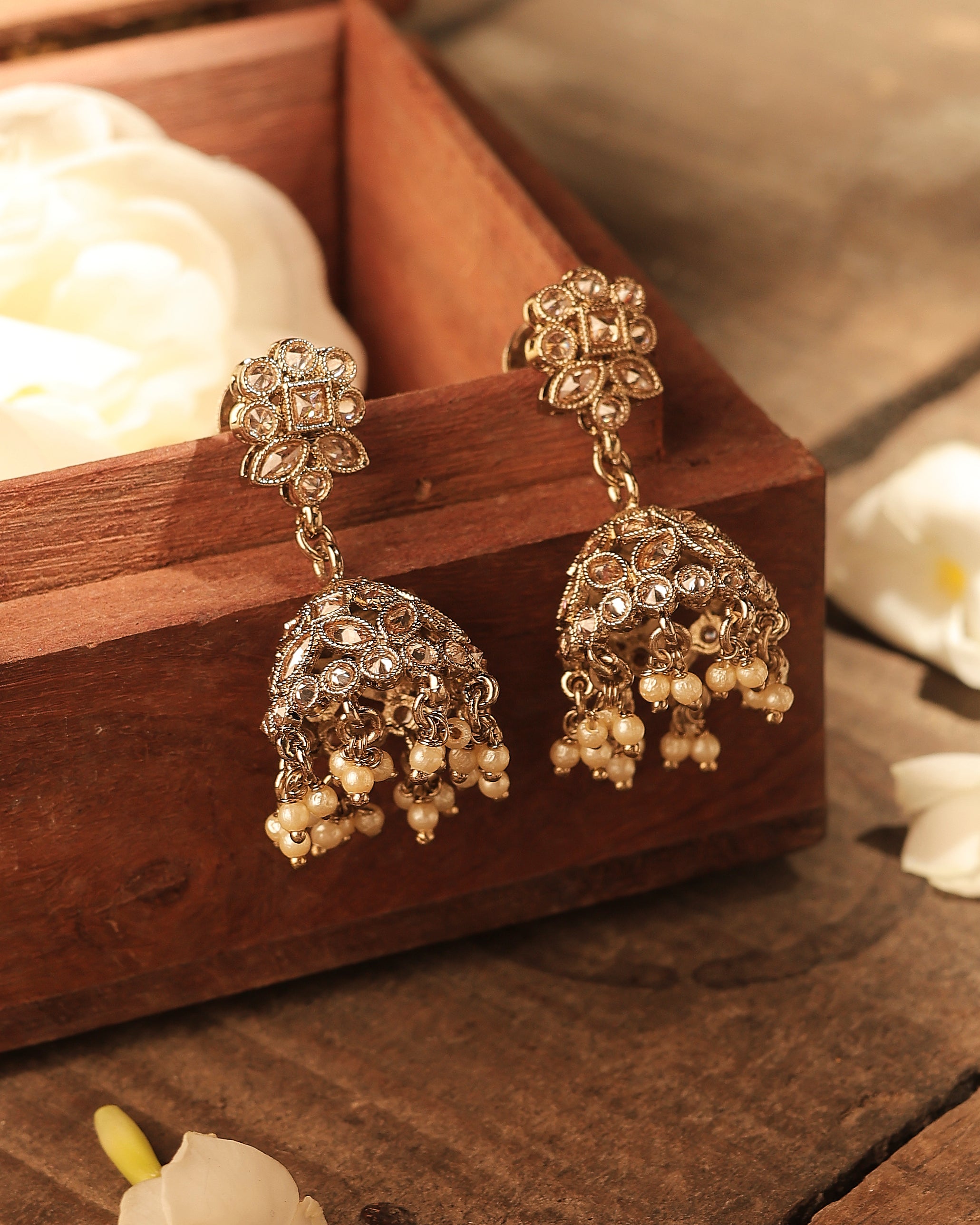 Round and Pear Shape Uncut Kundan Silver Plated Jhumki Earrings - Brown Jhumki Earrings by Yashwanti London