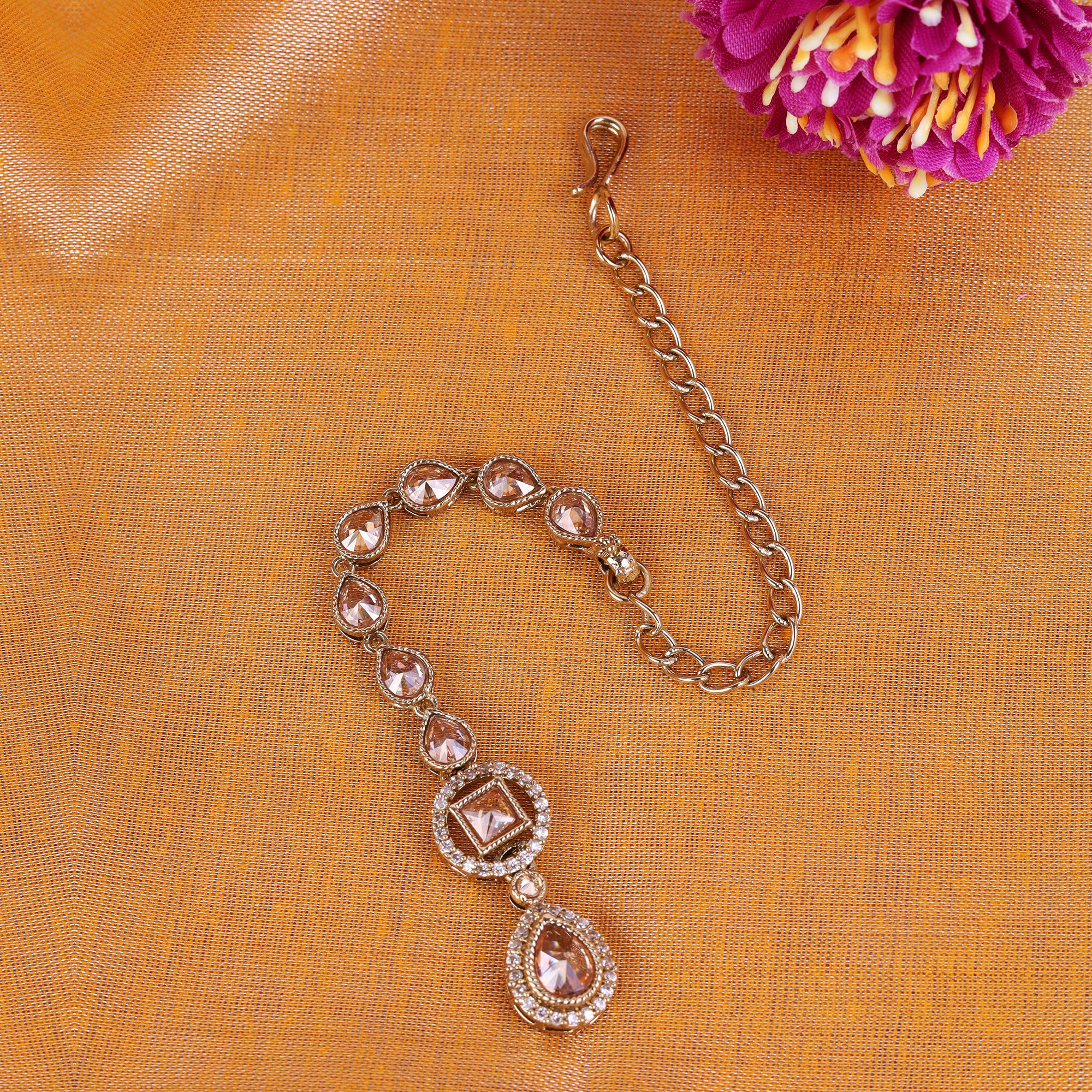 Oval Shape Uncut Kundan Silver Gold Plated Maang Tikka - Grey Maang Tikka by Yashwanti London