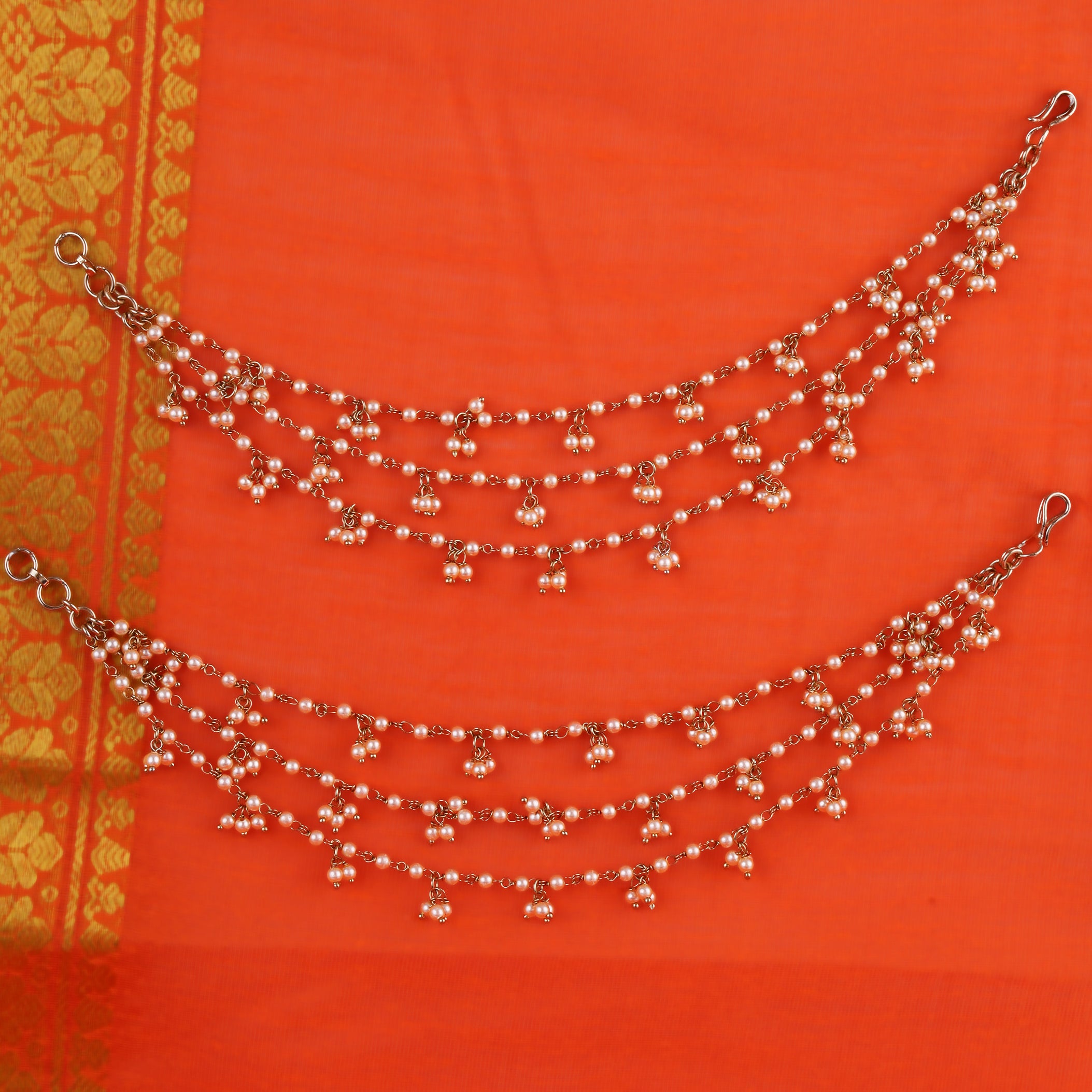 Pearl 3 String Gold Plated Ear Chain / Kaanchain - Gold Ear Chain / Kaanchain by Yashwanti London