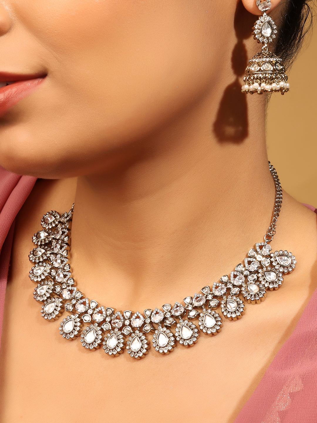 Oval Shape Uncut Kundan Stone Gold Plated Choker Necklace Set - White Choker Necklace Set by Yashwanti London