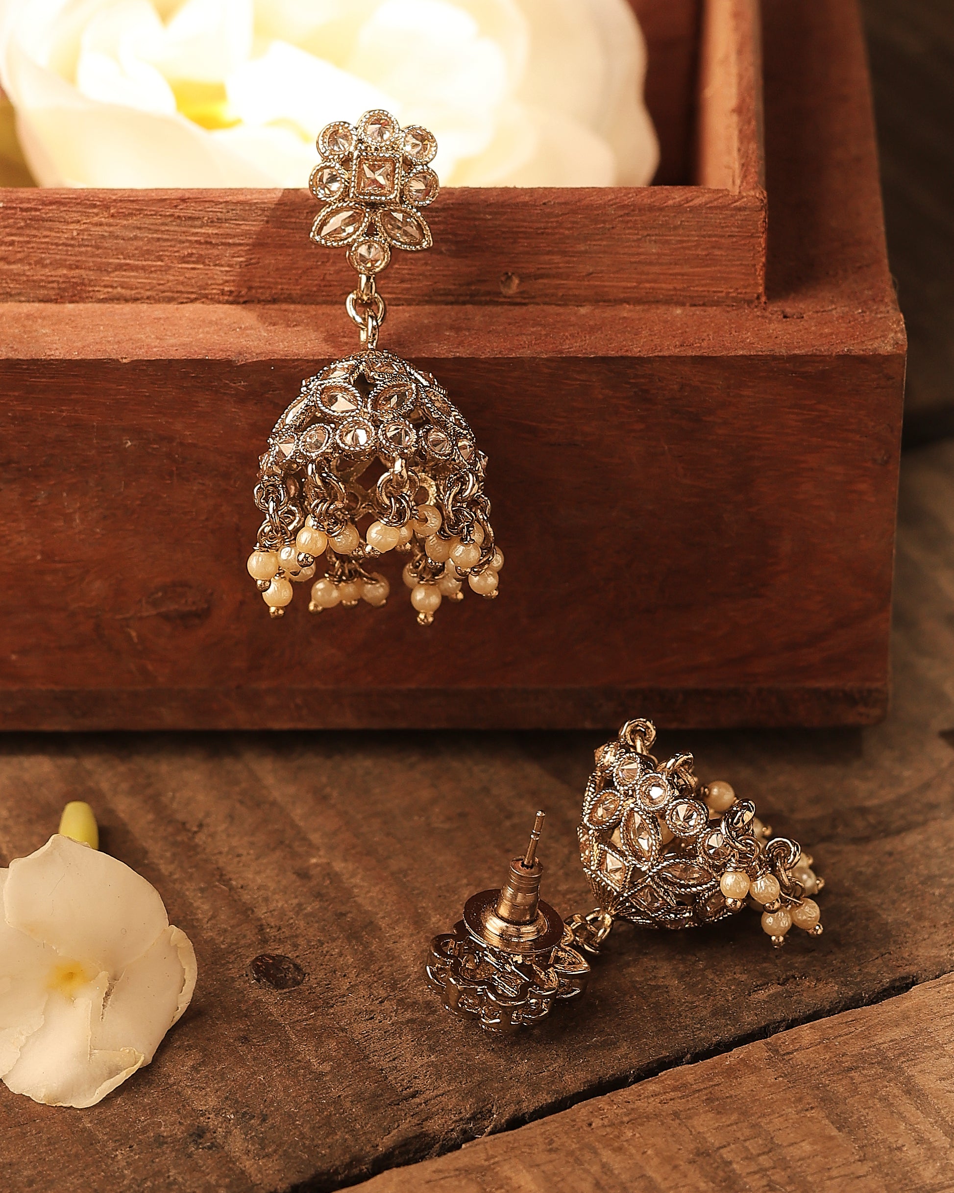 Round and Pear Shape Uncut Kundan Silver Plated Jhumki Earrings - Brown Jhumki Earrings by Yashwanti London