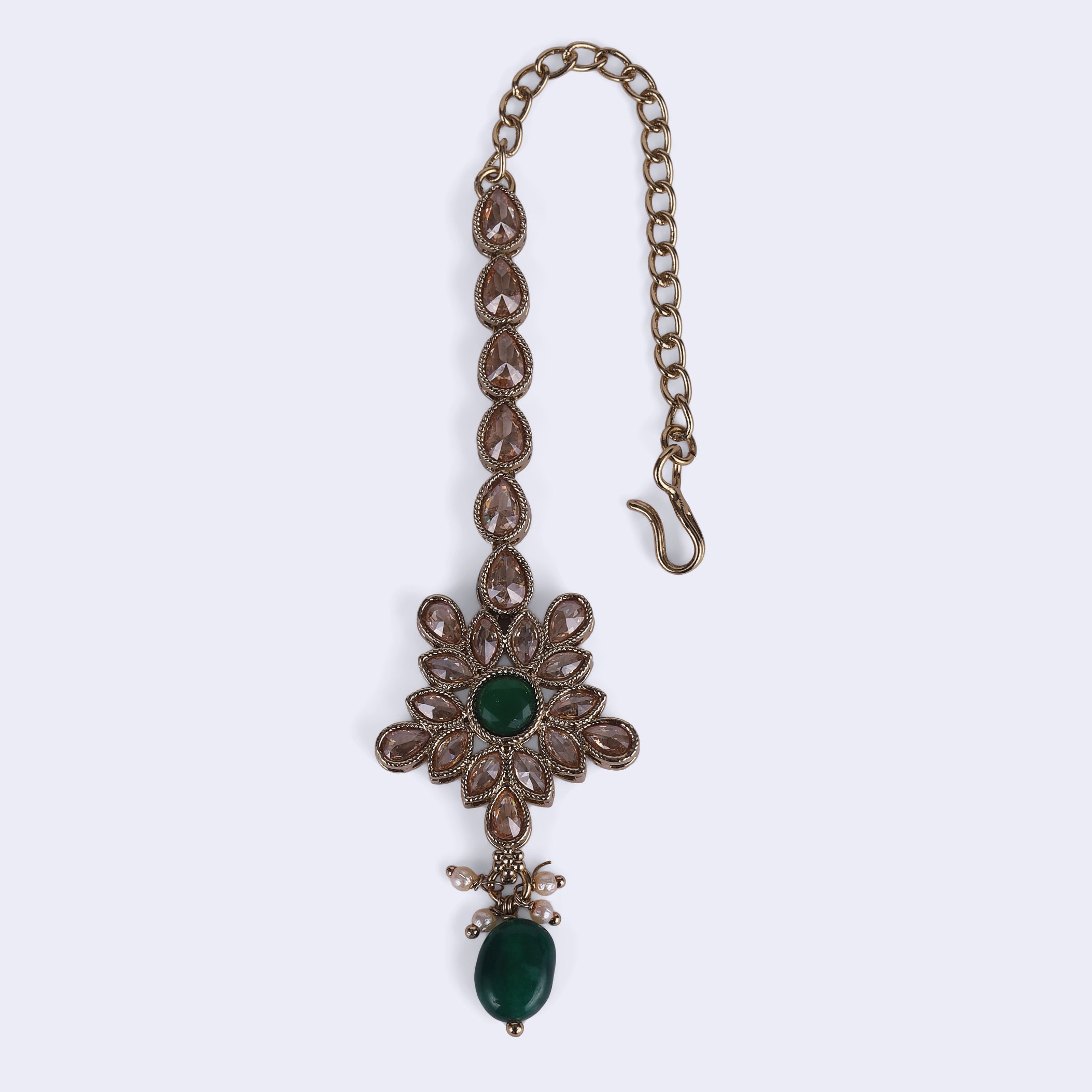 Flower and Oval Shape Uncut Kundan Gold Plated Maang Tikka - Green Maang Tikka by Yashwanti London