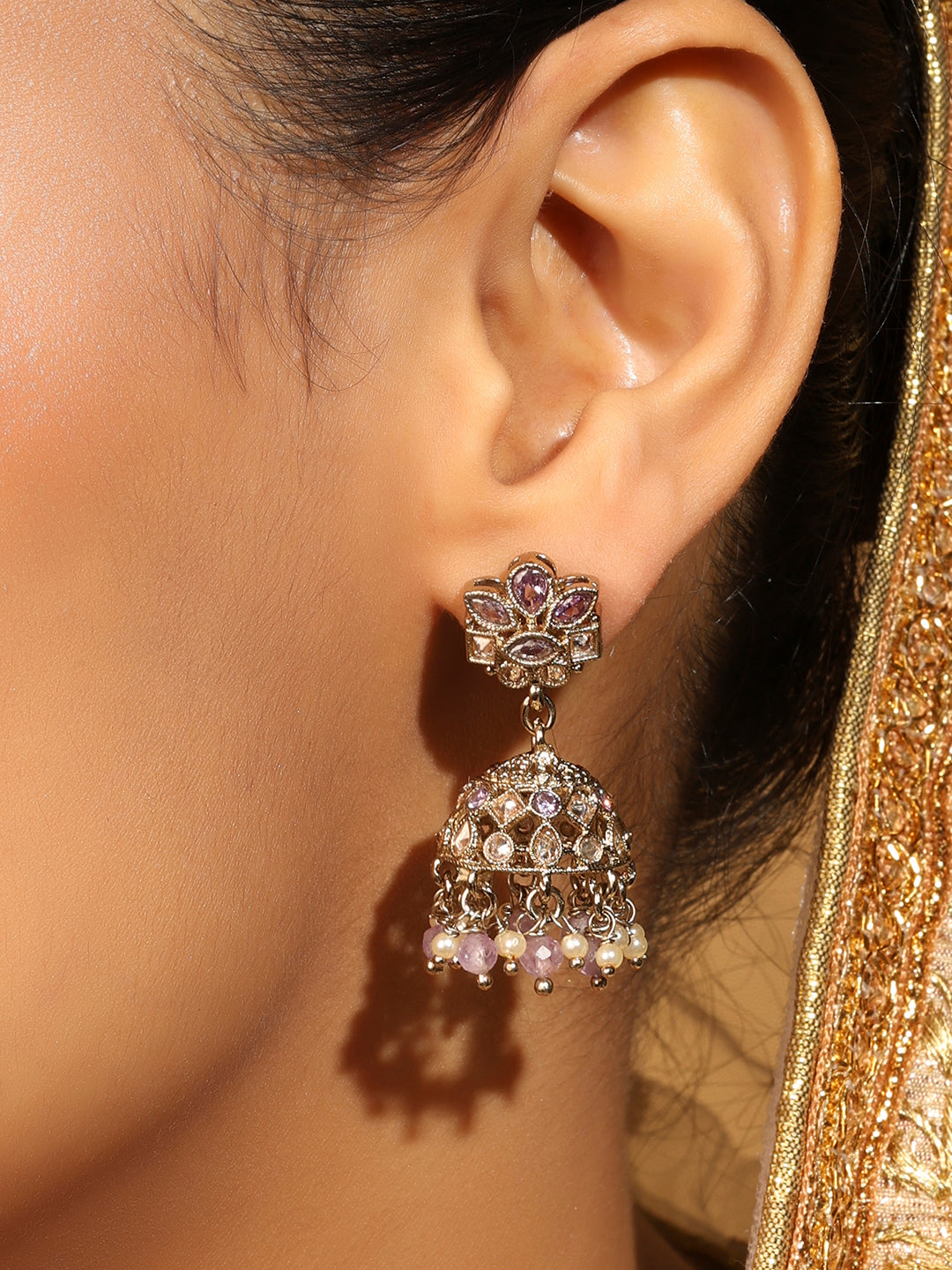 Flower Design Brown Uncut Kundan Stone Antique Gold Plated Jhumki Earrings - Brown Jhumki Earrings by Yashwanti London