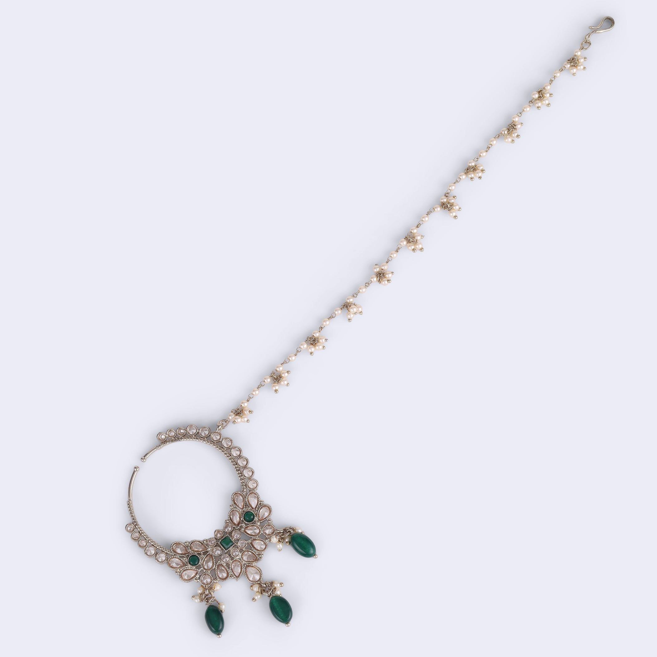 Leaf Shape Crystal Uncut Kundan Gold Plated Nath / Nose Ring - Green Nath / Nose Ring by Yashwanti London