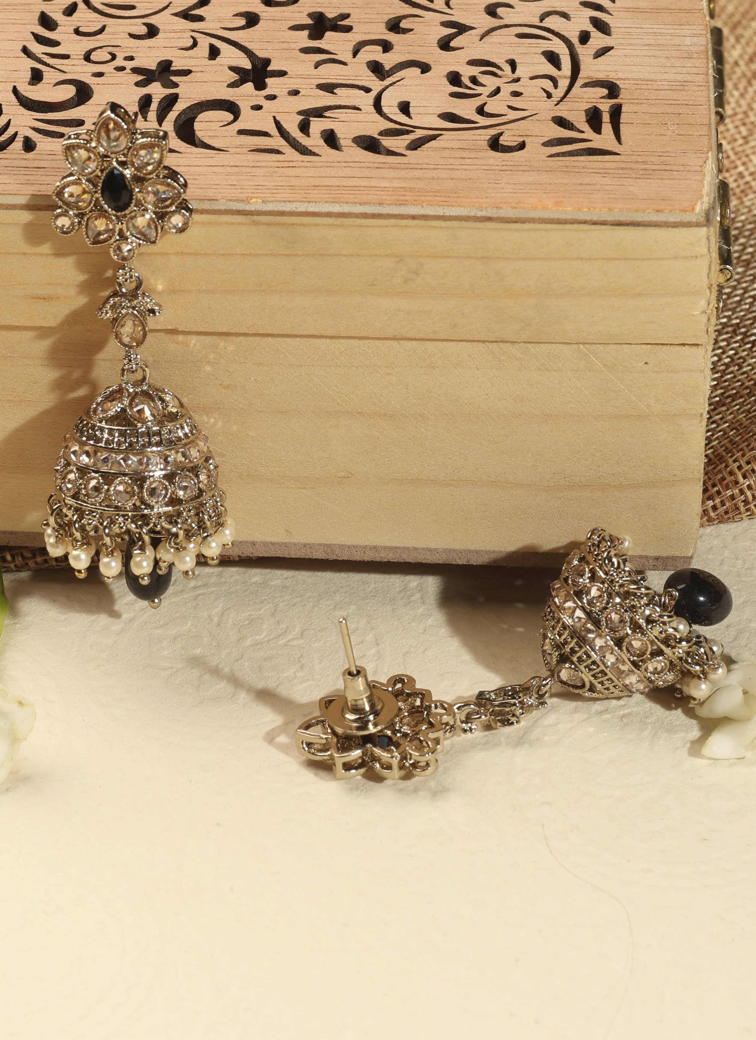 Flower and Oval Shape Uncut Kundan Antique Gold Plated Jhumki Earrings - Black Jhumki Earrings by Yashwanti London