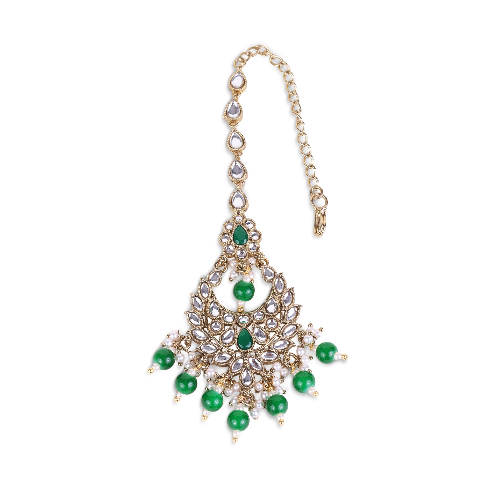Chandiler and Flower Shape Uncut Kundan Silver Gold Plated Maang Tikka - Green Maang Tikka by Yashwanti London