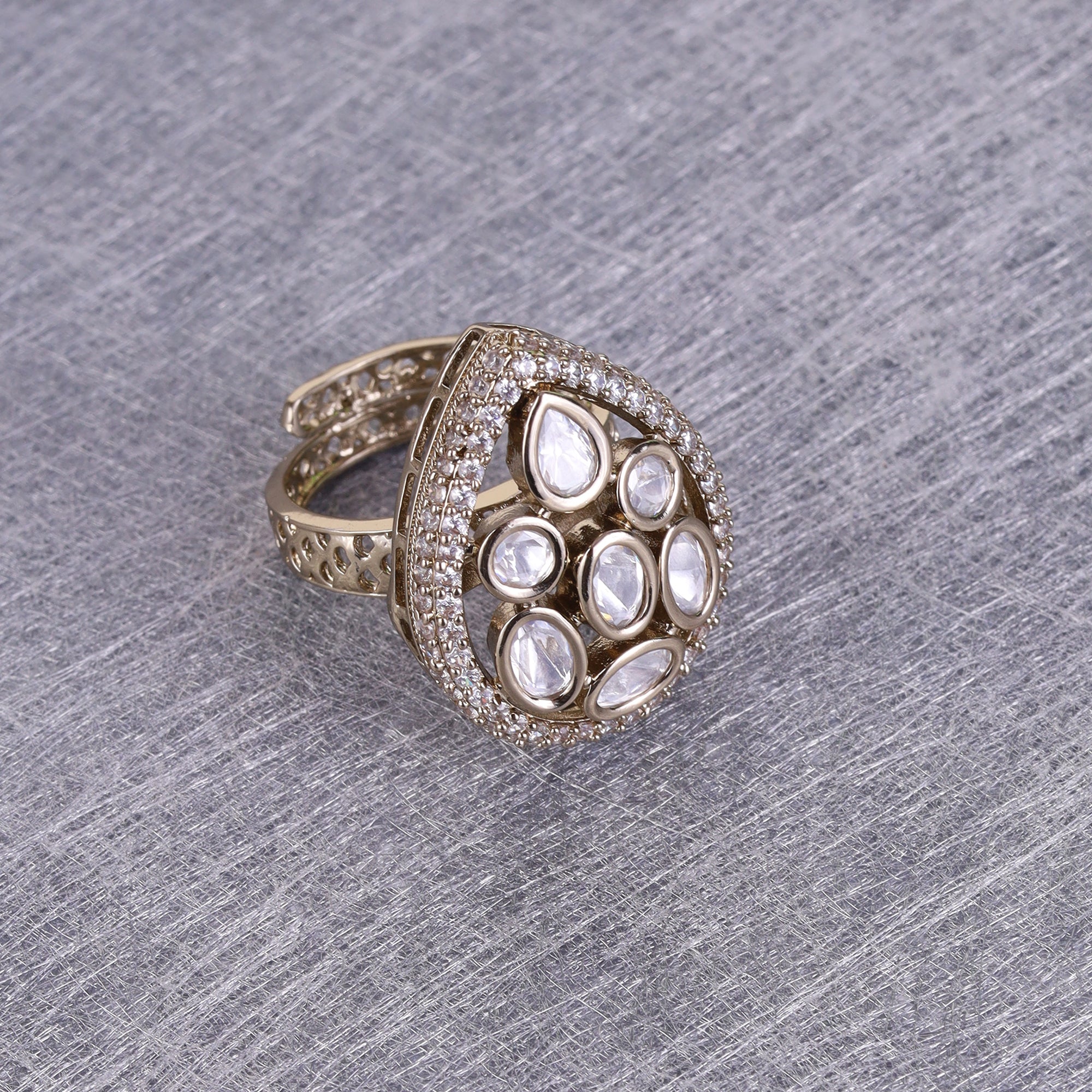 Oval Shape White Stone Uncut Kundan Antique Gold Plated Adjustable Ring - Green and White Adjustable Ring by Yashwanti London