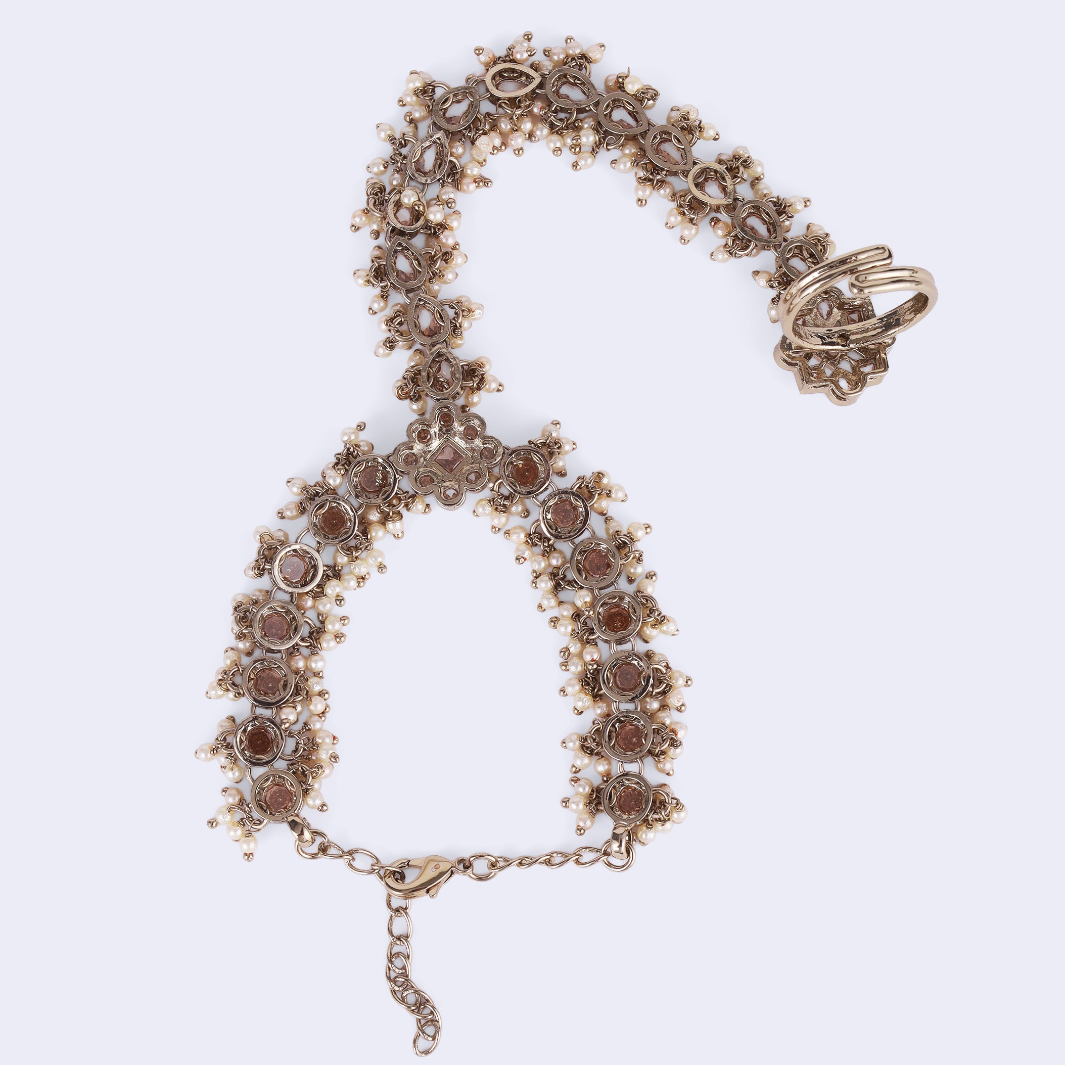 Flower and Oval Design Uncut Kundan Gold Plated Hathphool / Hathpaan - Brown Hathphool / Hathpaan by Yashwanti London