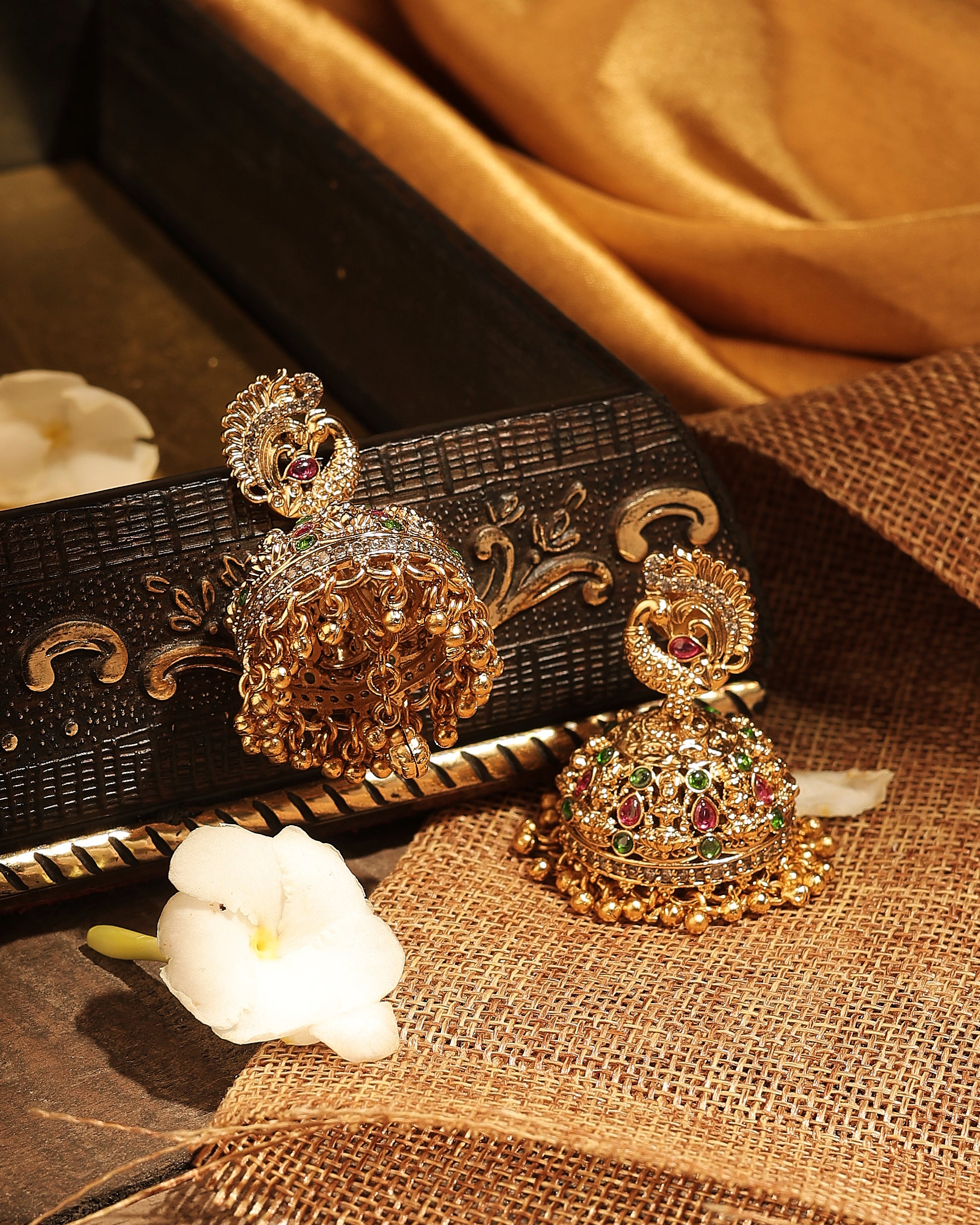 Peacock Design Uncut Kundan Gold Plated Jhumki Earrings - Multi Jhumki Earrings by Yashwanti London