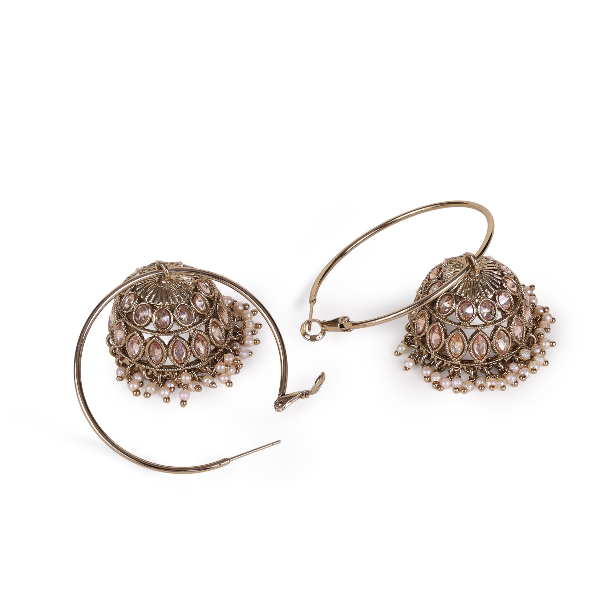 Brown Stone and Pearl AD/Pearl Antique Gold Plated Jhumki Earrings - Brown Jhumki Earrings by Yashwanti London