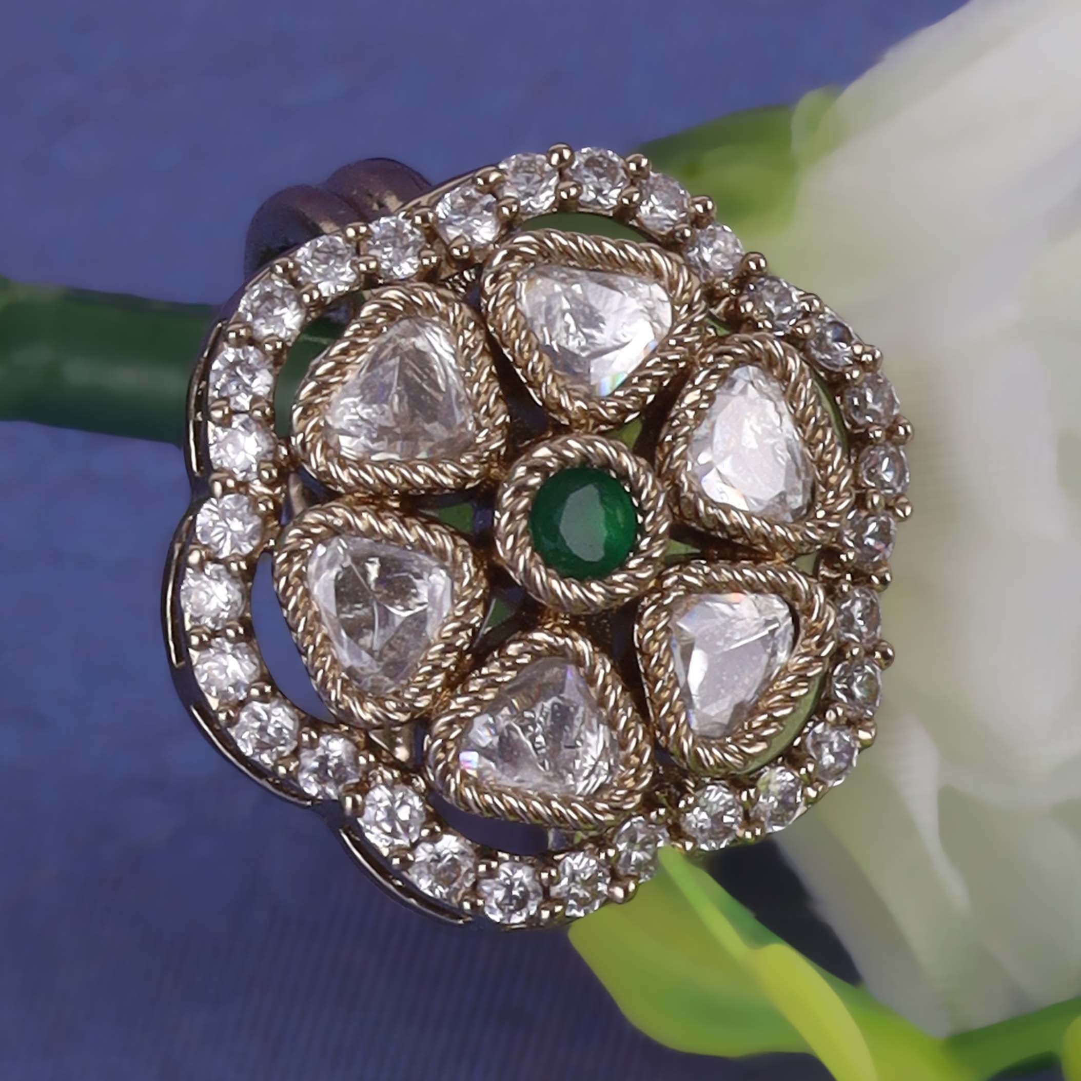 Oval Shape White Stone Uncut Kundan Antique Gold Plated Adjustable Ring - Green and White Adjustable Ring by Yashwanti London