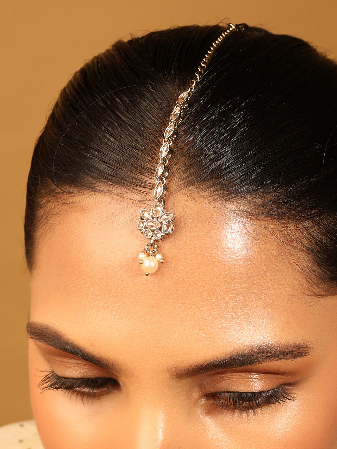 Flower Shape and Pearl Uncut Kundan Silver Gold Plated Maang Tikka - White Maang Tikka by Yashwanti London