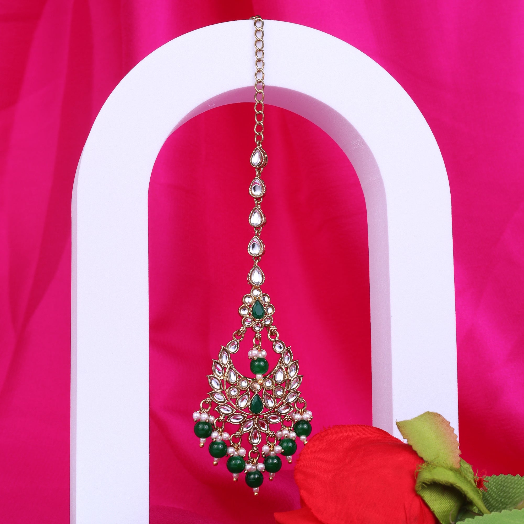 Chandiler and Flower Shape Uncut Kundan Silver Gold Plated Maang Tikka - Green Maang Tikka by Yashwanti London